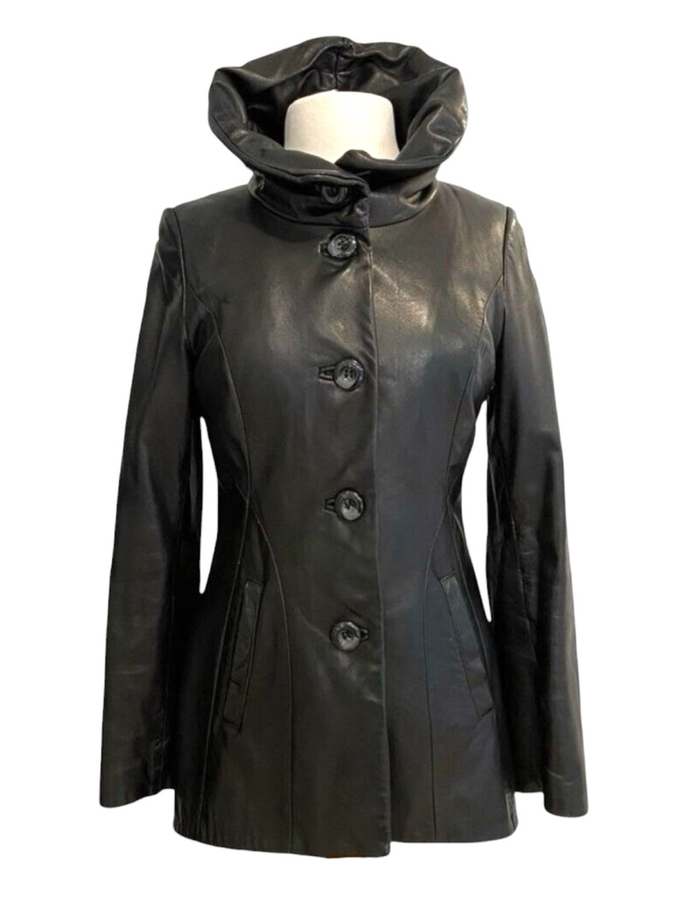 Stunning Danier black genuine leather fitted jacket button front X-Small Italian